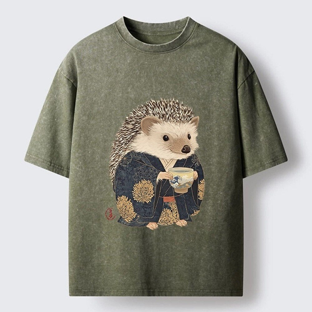 Japanese Style Hedgehog Tea Cup Washed T-Shirt