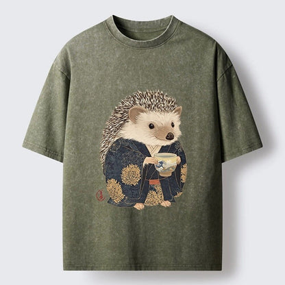 Japanese Style Hedgehog Tea Cup Washed T-Shirt