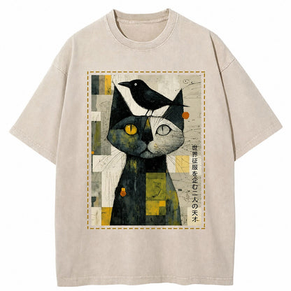 Japanese Style Cat Crow Washed T-Shirt