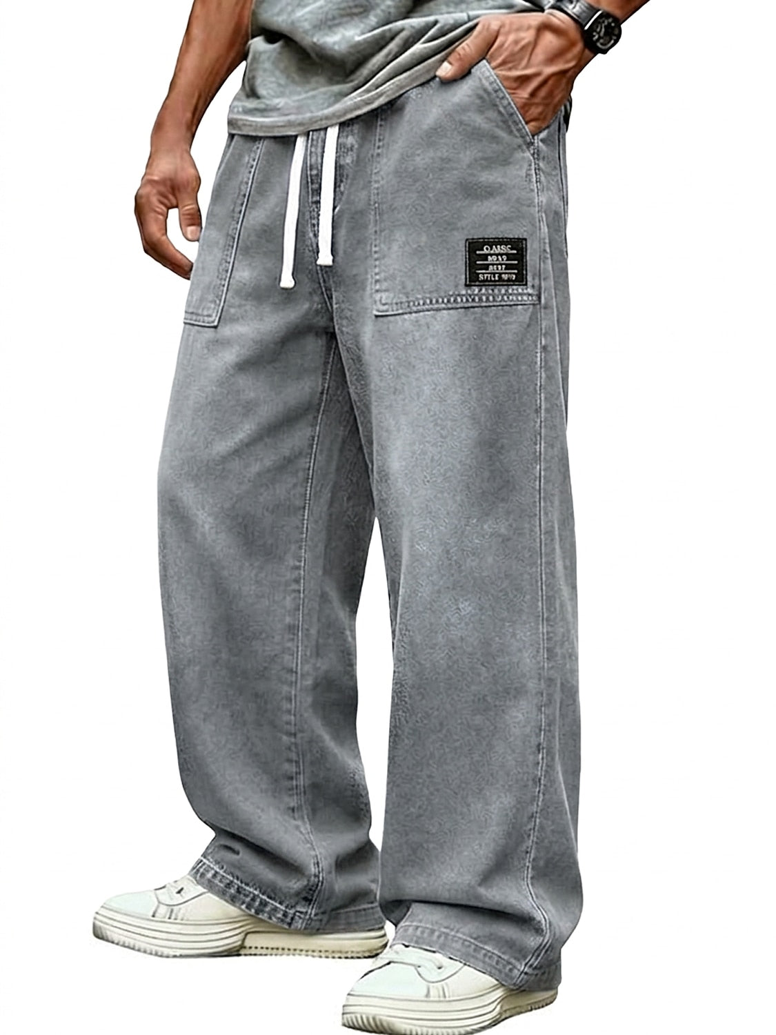 Washed Denim Drawstring Wide Leg Pants