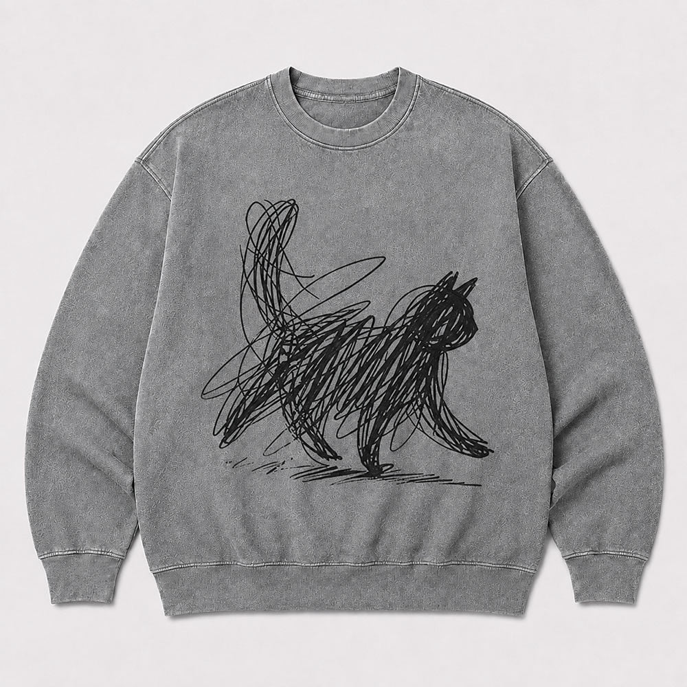 Men's Cat Graphic Washed Crew Neck Sweatshirt