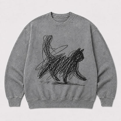 Men's Cat Graphic Washed Crew Neck Sweatshirt