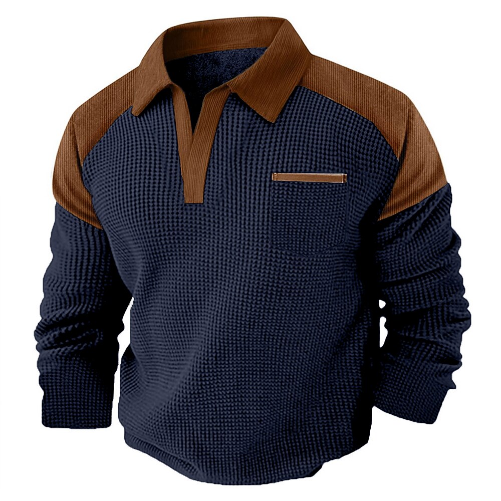 Contrast Collar Waffle Long Sleeve Polo