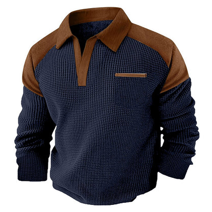 Contrast Collar Waffle Long Sleeve Polo