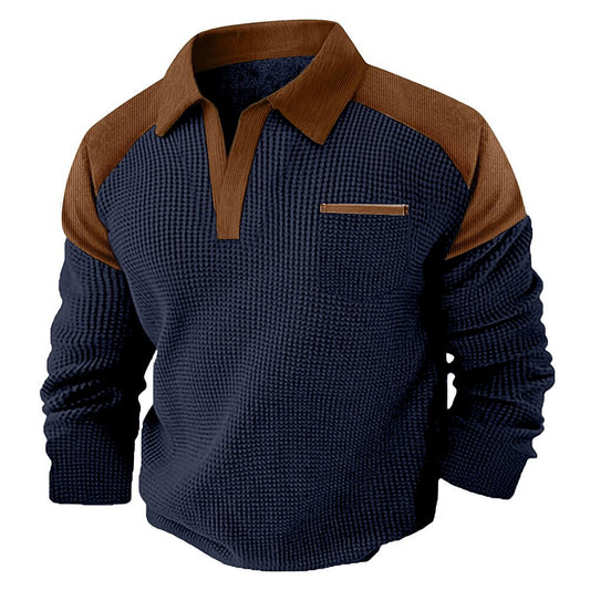 Contrast Collar Waffle Long Sleeve Polo