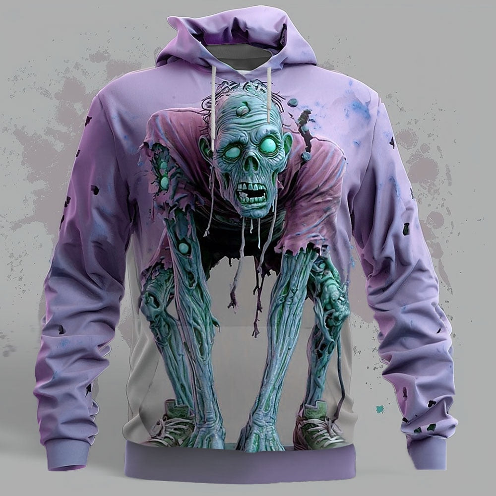 Men's Melting Zombie Print Long Sleeve Gothic Pullover Hoodie