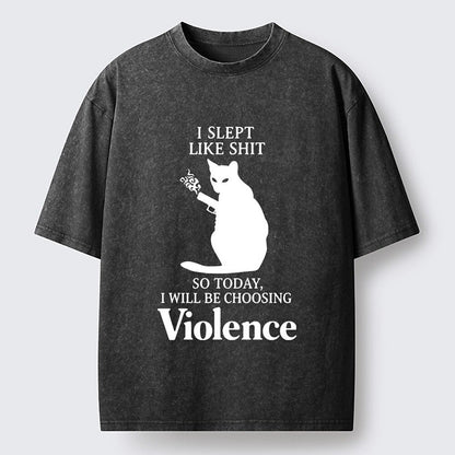 Japanese Style Choosing Violence Cat Washed T-Shirt