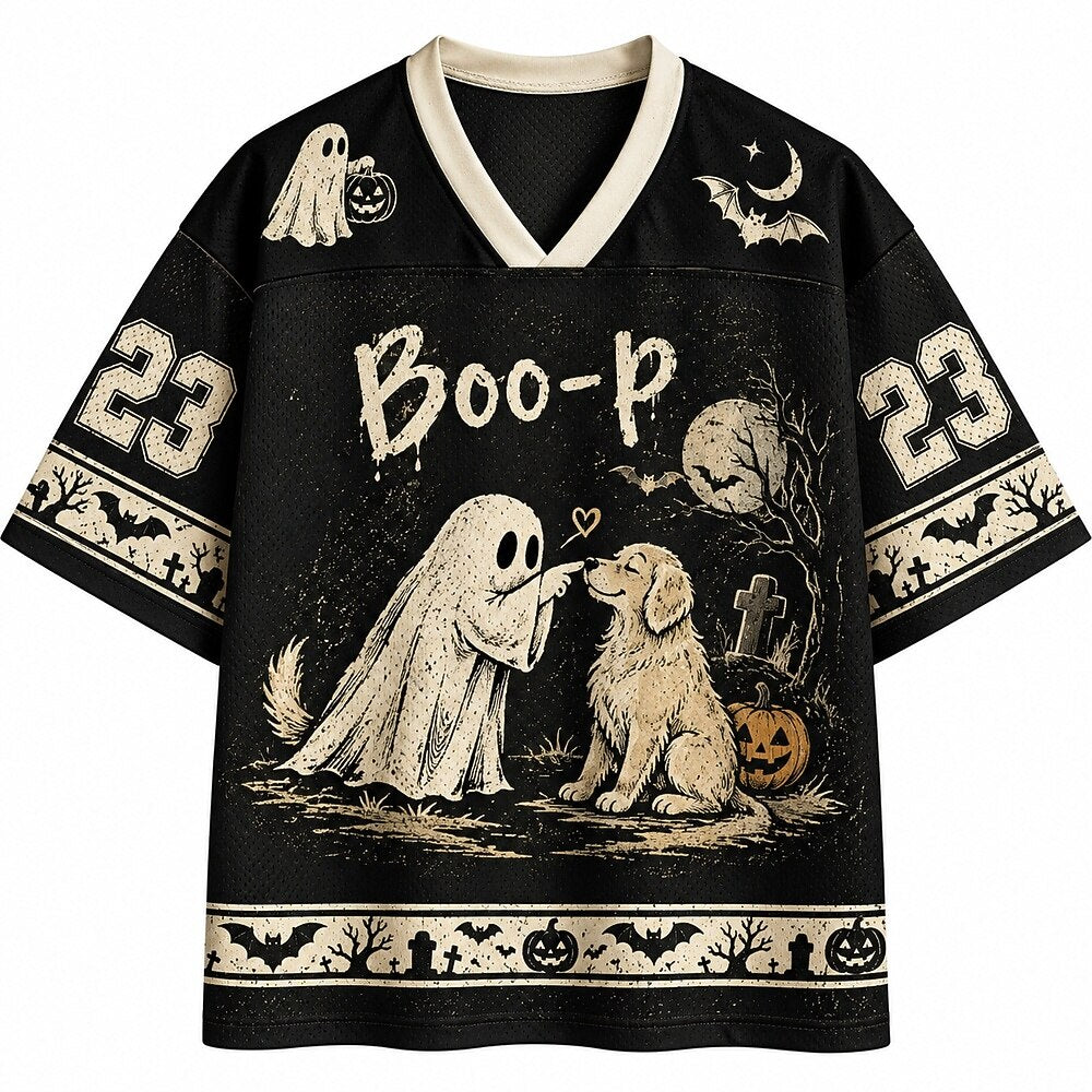 Men's Dog Pumpkin Ghost Number Text Graphic V-Neck Sports Jersey