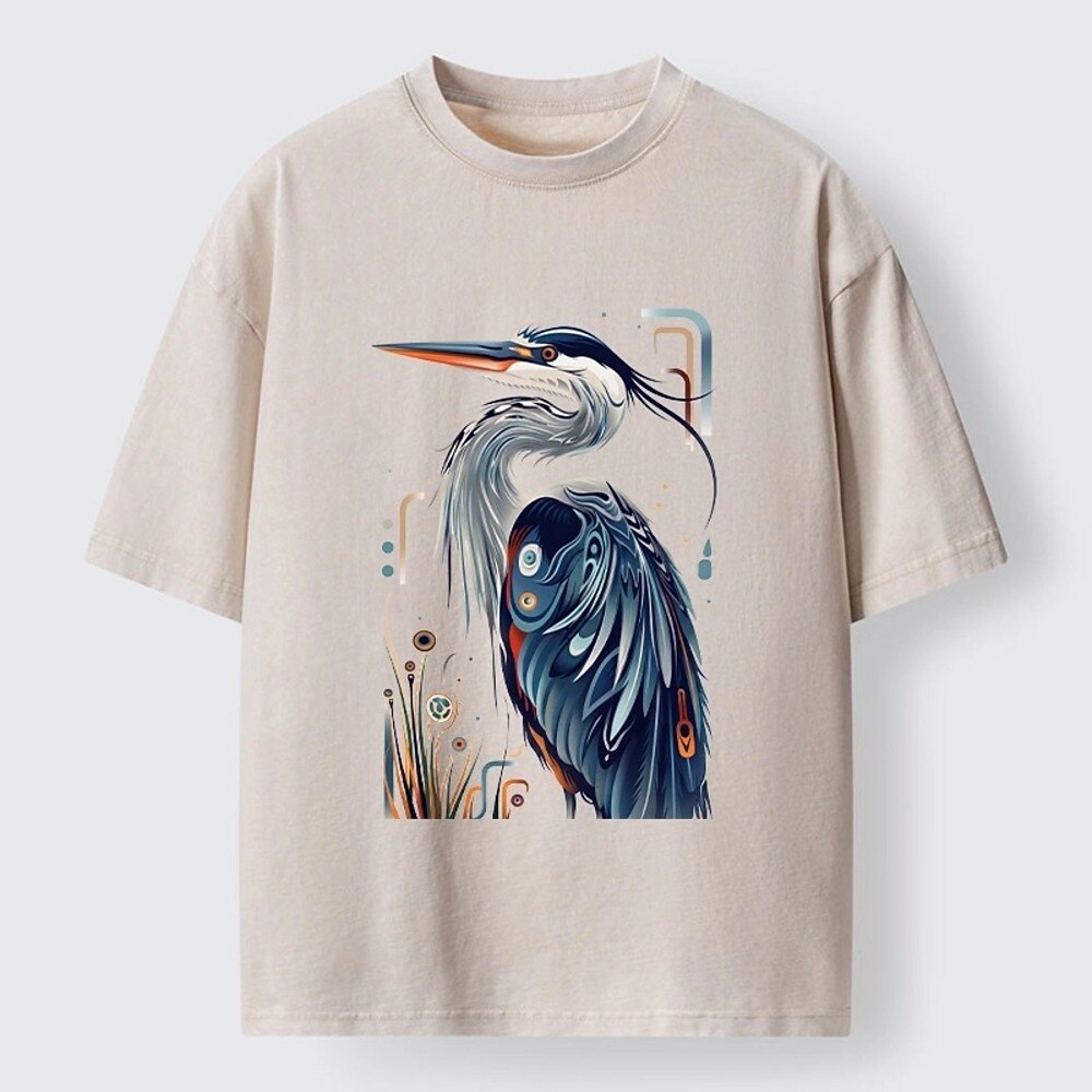 Japanese Style Heron Graphic Washed T-Shirt
