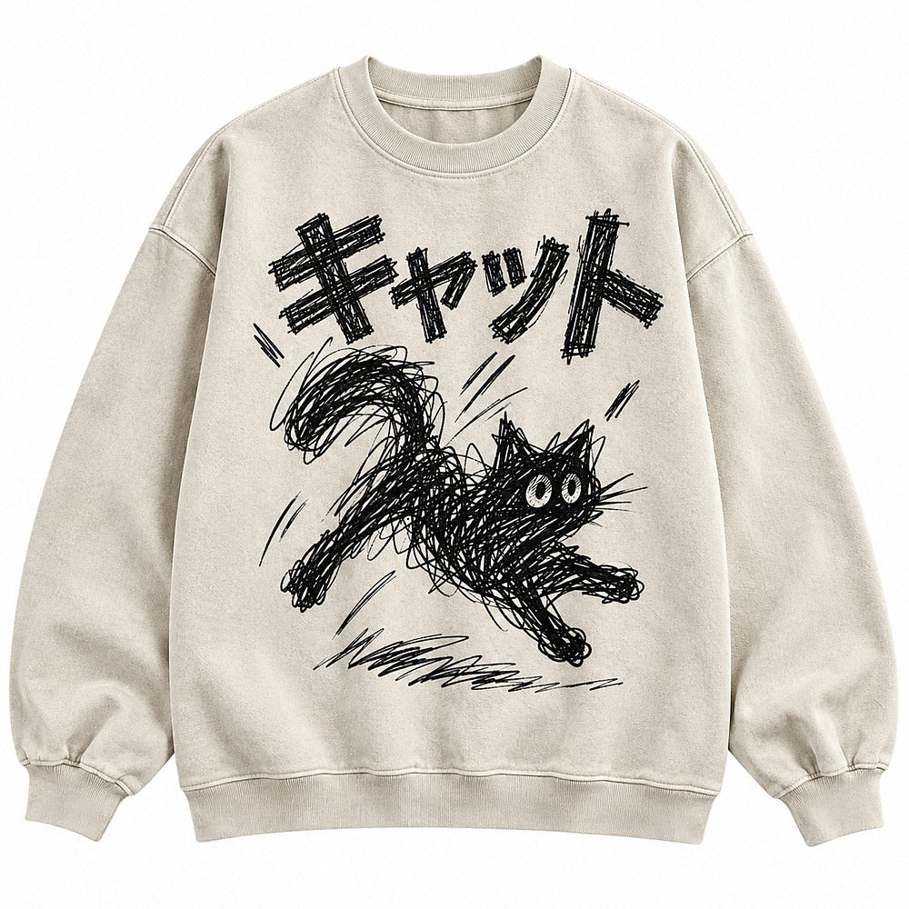 Japanese Sketch Cat Crew Neck Sweatshirt