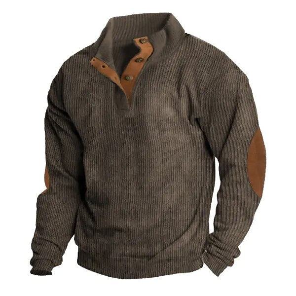 Elbow Patch Corduroy Button-Neck Sweatshirt