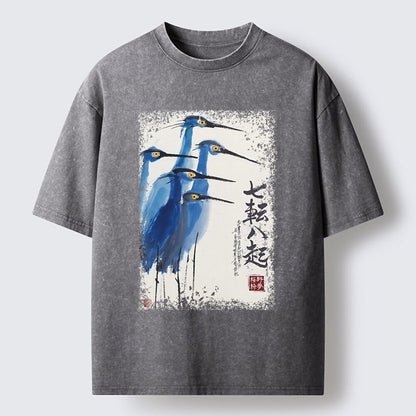 Japanese Style Calligraphy Heron Washed T-Shirt