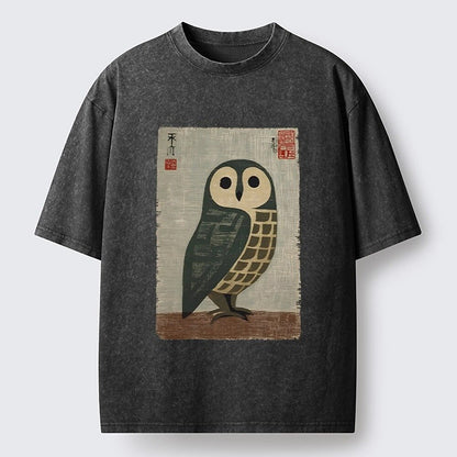 Japanese Style Owl Graphic Washed T-Shirt
