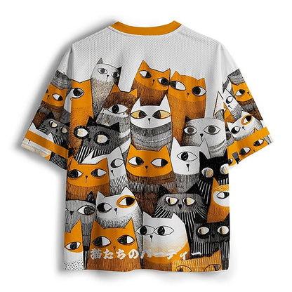Men's White Cat Graphic Print Short Sleeve Sports Jersey T-Shirt