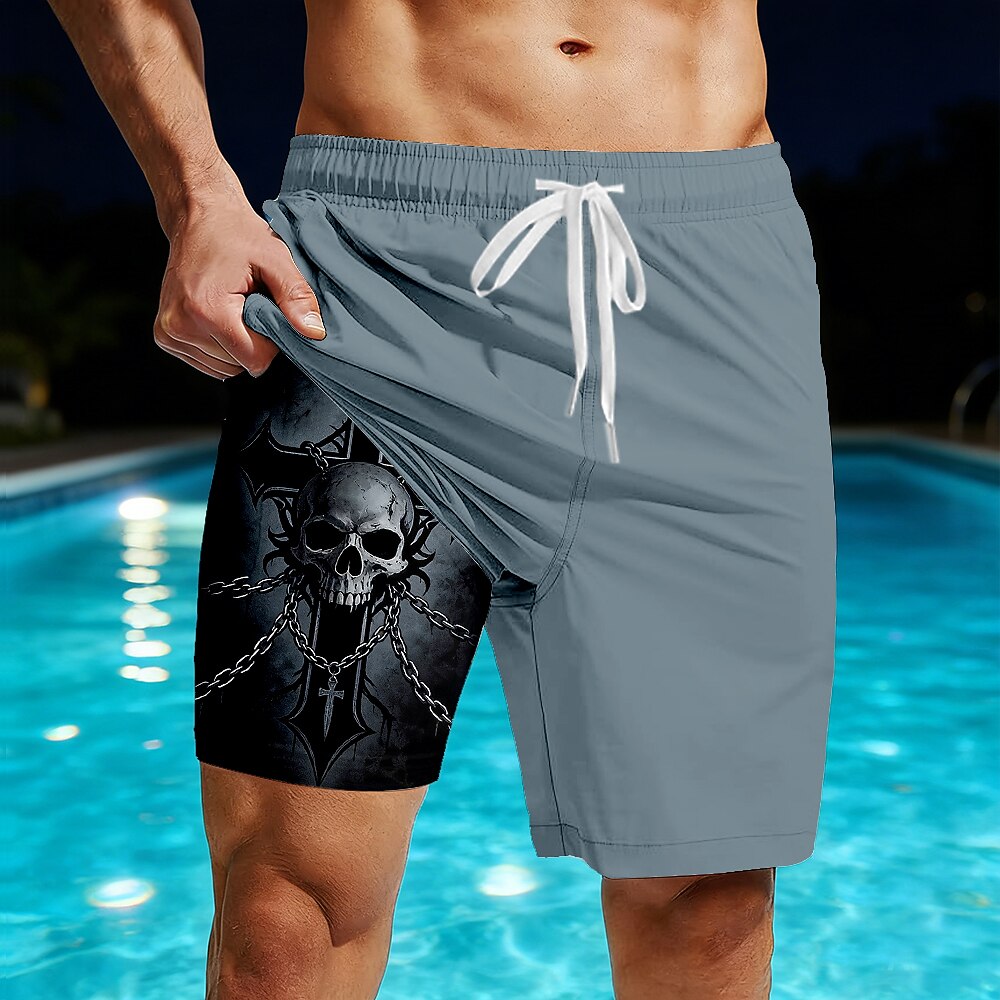 Men's Chained Skull Print Mid-Length Gothic Lined Board Shorts