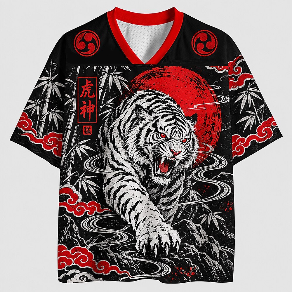 Men's Tiger Kanji Graphic V-Neck Sports Jersey