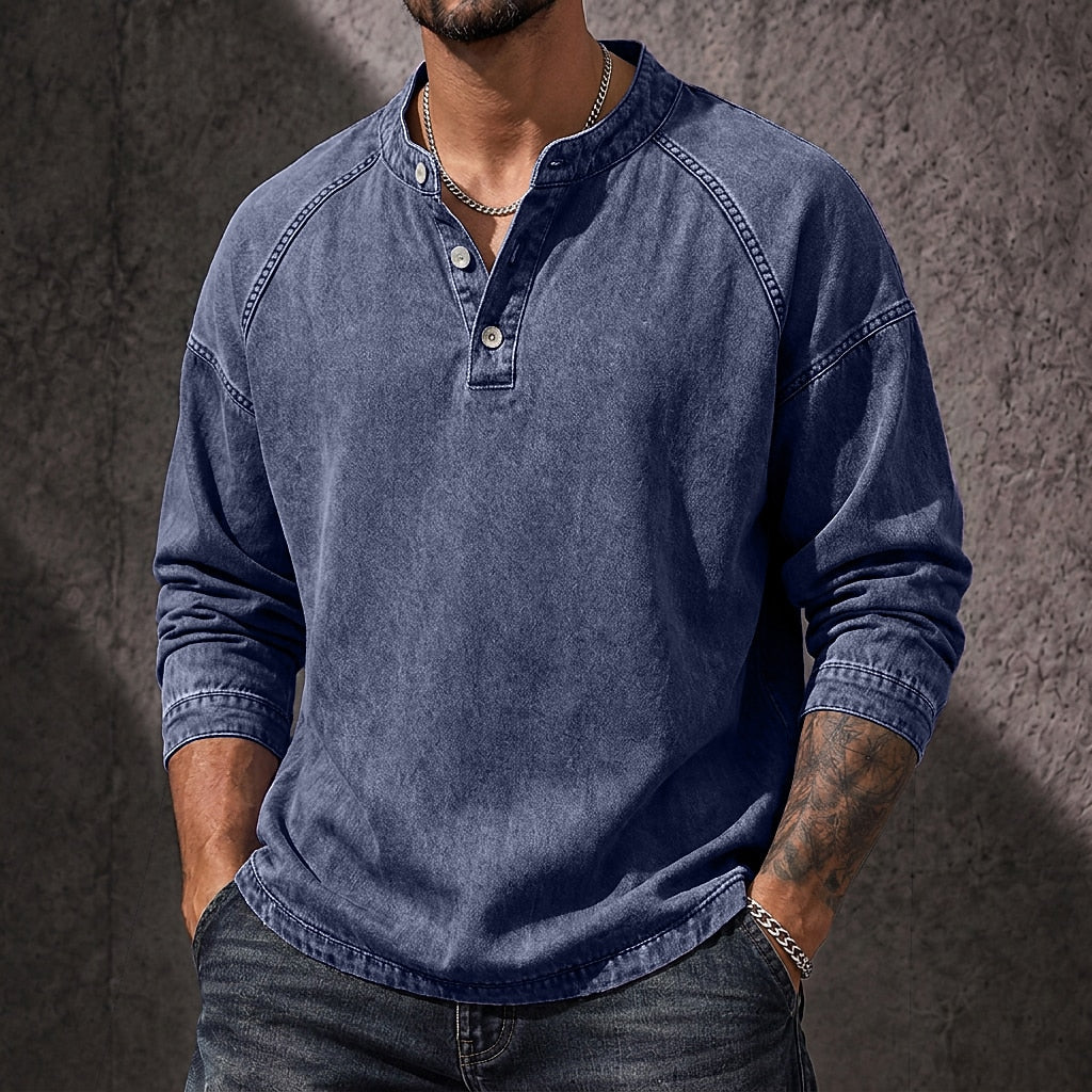 Vintage Washed Button-Neck Henley Long Sleeve T-Shirt