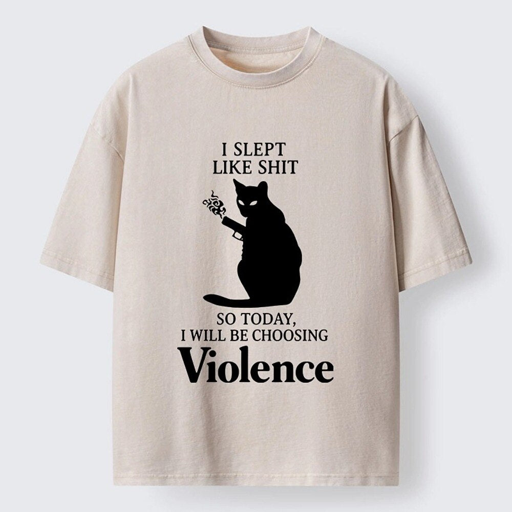 Japanese Style Choosing Violence Cat Washed T-Shirt