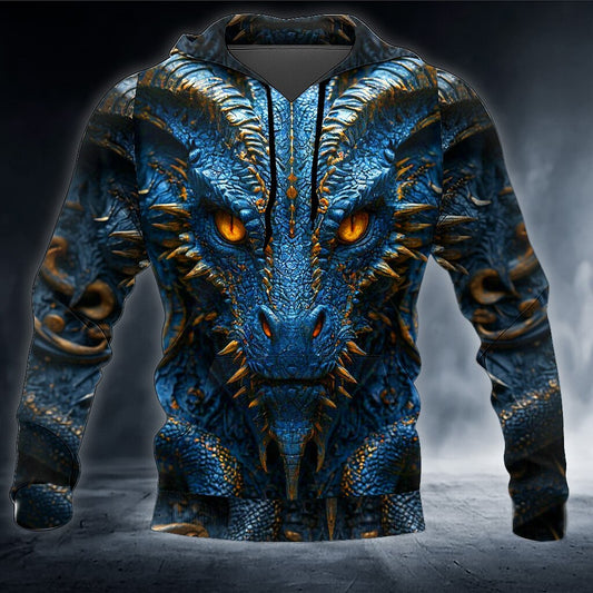 Men's Blue Dragon Print Long Sleeve Streetwear Zip Hoodie