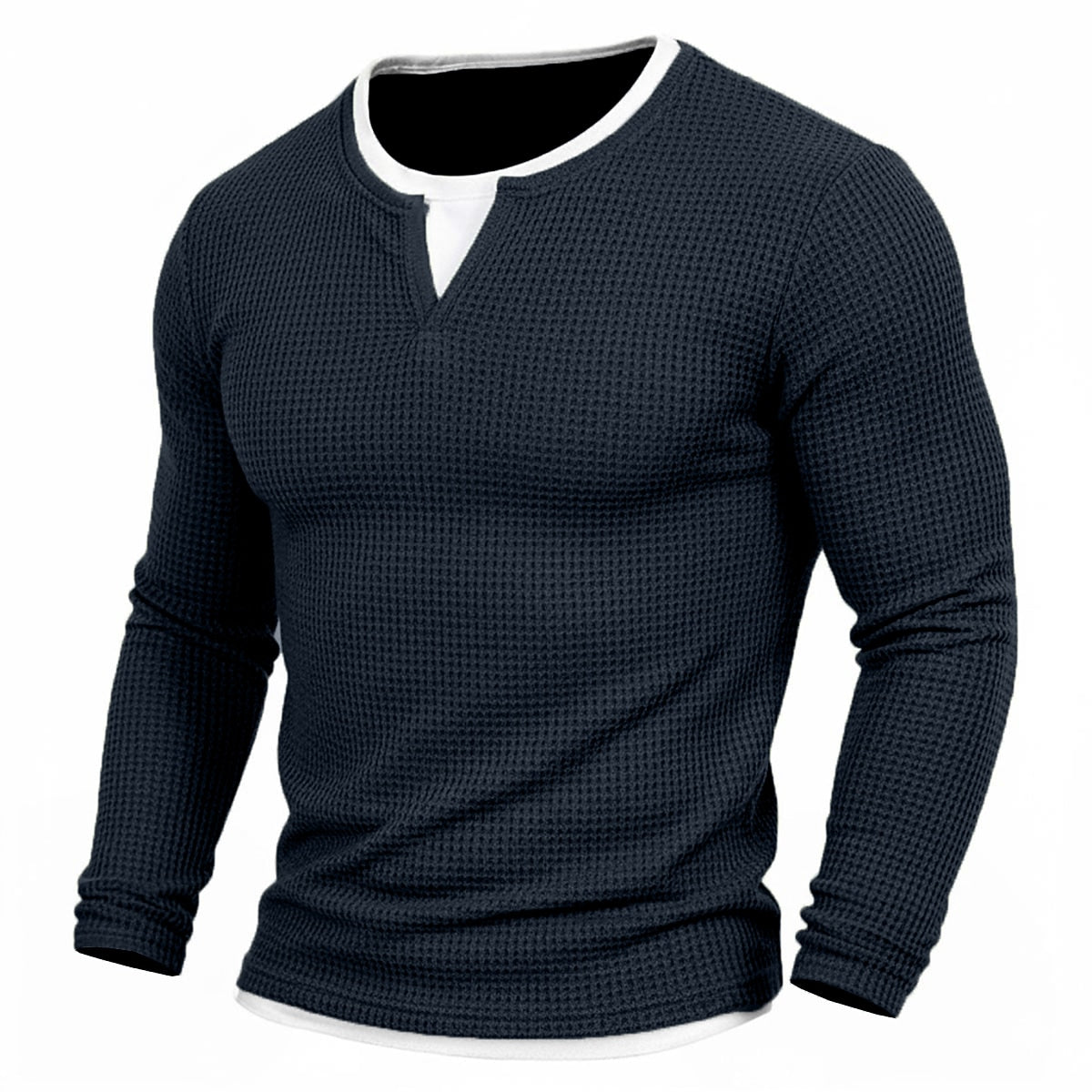 Contrast Inset Waffle Henley Long Sleeve T-Shirt