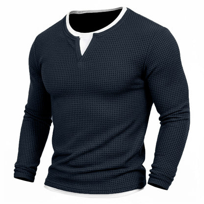 Contrast Inset Waffle Henley Long Sleeve T-Shirt