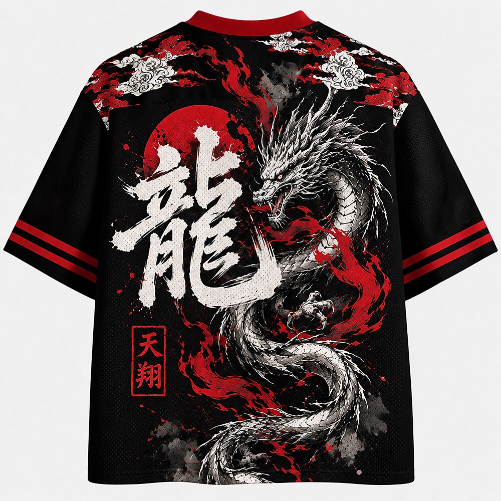 Men's Dragon Kanji Graphic V-Neck Sports Jersey