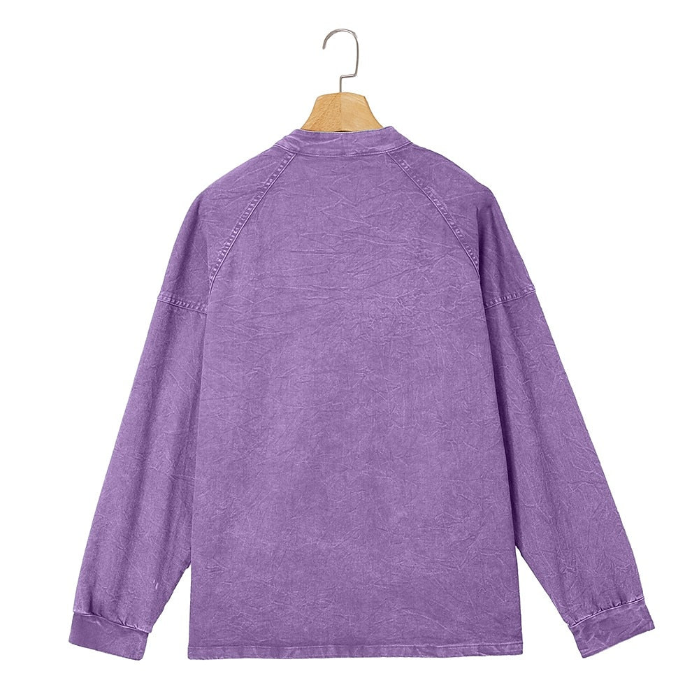Vintage Washed Button-Neck Henley Long Sleeve T-Shirt