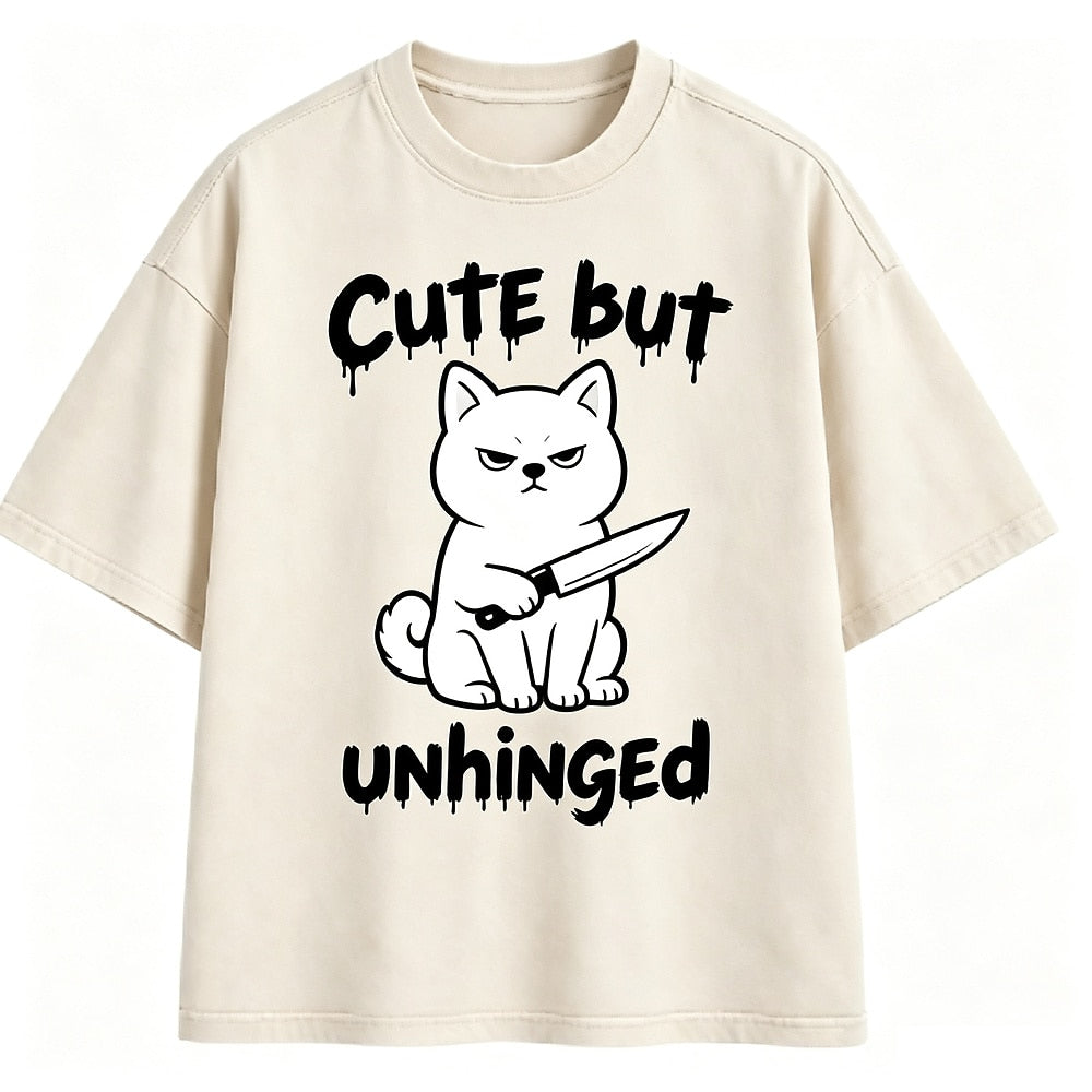 Cute but Unhinged Knife Cat Washed T-Shirt