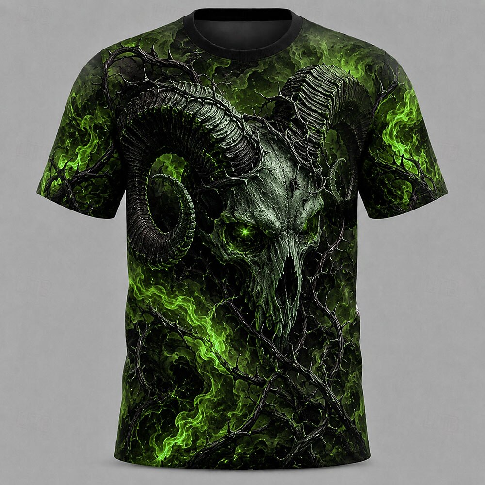Men's Green Grim Reaper Print Short Sleeve Gothic T-Shirt
