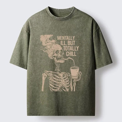 Men's Flaming Skull Skeleton Graphic Washed Cotton T-Shirt