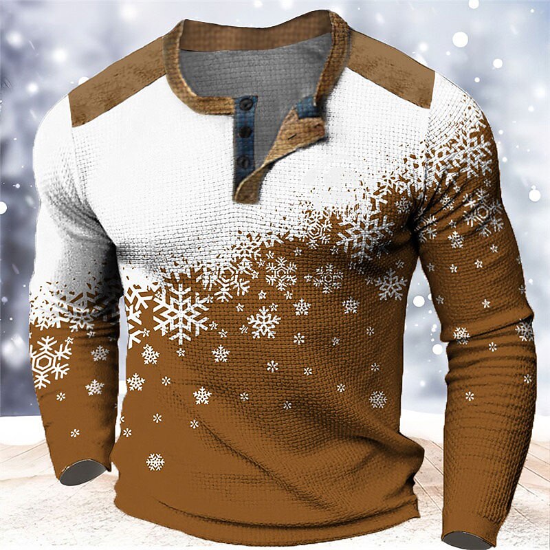 Snowflake Color-Block Henley Long Sleeve T-Shirt