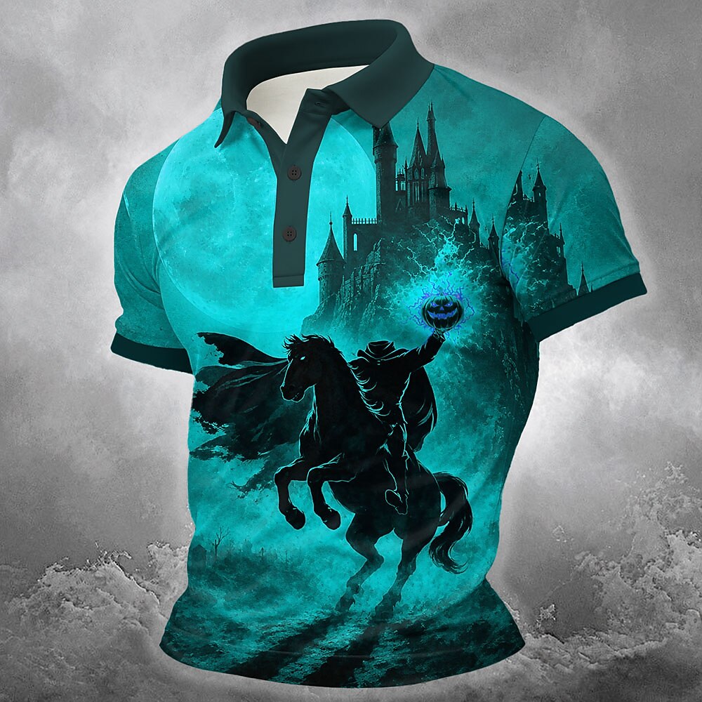 Men's Headless Horseman Print Short Sleeve Gothic Polo Shirt