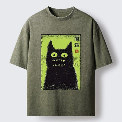 Japanese Style Creepy Cat Kanji Washed T-Shirt
