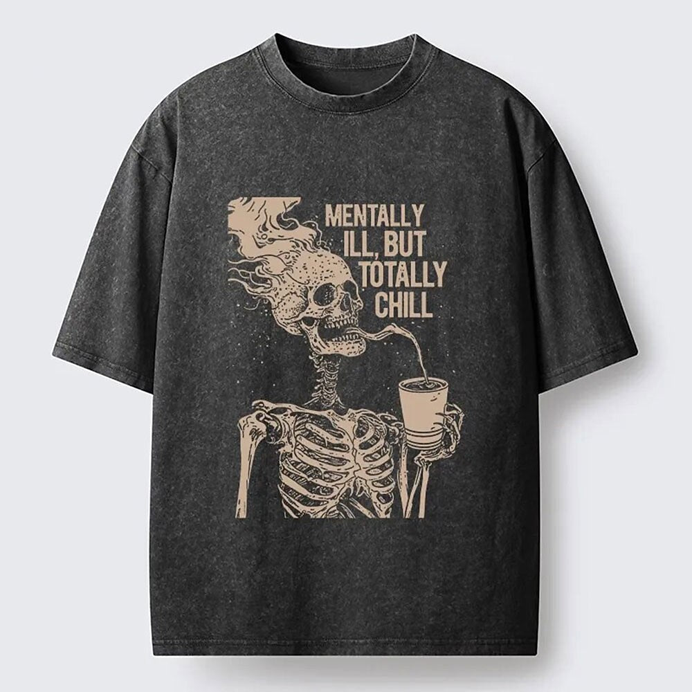 Men's Flaming Skull Skeleton Graphic Washed Cotton T-Shirt