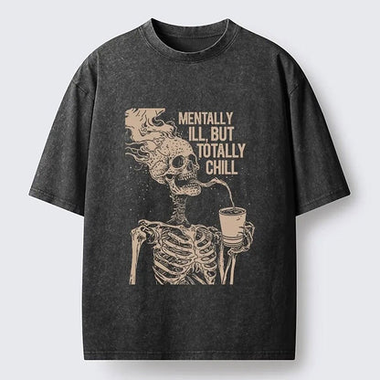 Men's Flaming Skull Skeleton Graphic Washed Cotton T-Shirt