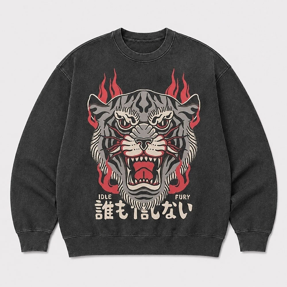 Men's Tiger Graphic Washed Crew Neck Sweatshirt