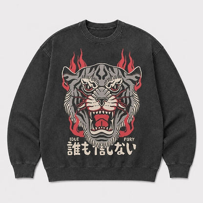 Men's Tiger Graphic Washed Crew Neck Sweatshirt