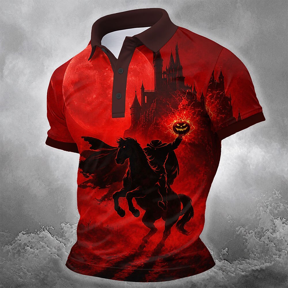 Men's Headless Horseman Print Short Sleeve Gothic Polo Shirt